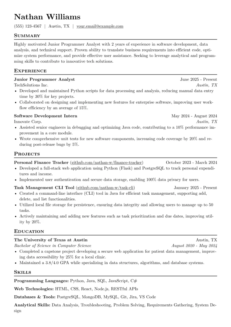 Junior Programmer Analyst Resume Example CV template preview