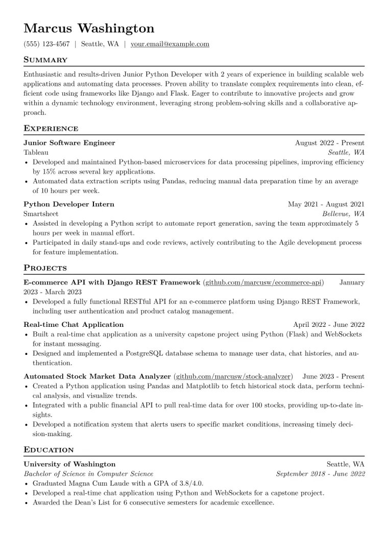 Junior Python Developer Resume Example CV template preview