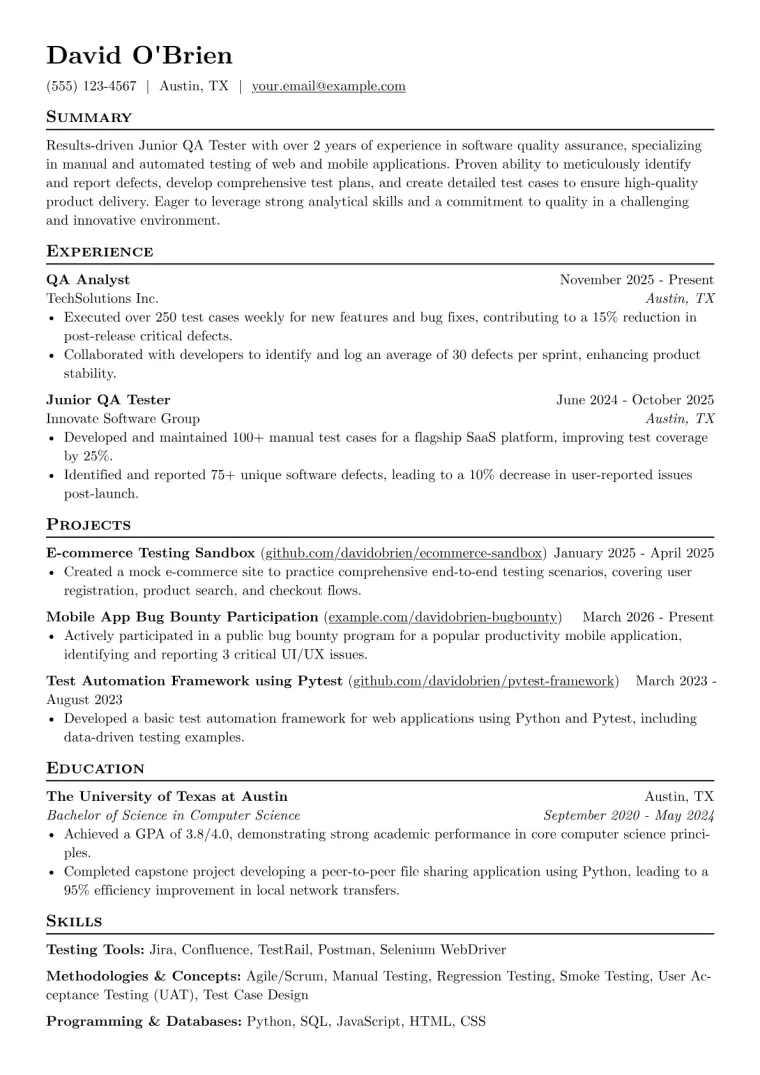 Junior QA Tester Resume Example CV template preview