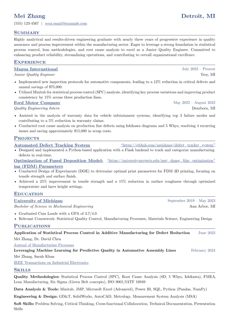 Junior Quality Engineer Resume Example CV template preview