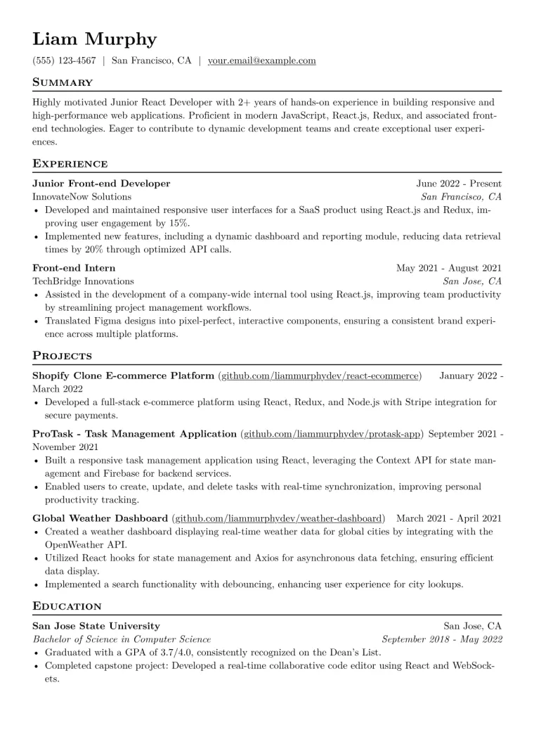 Junior React Developer Resume Example CV template preview