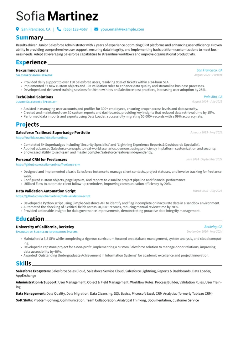 Junior Salesforce Administrator Resume Example CV template preview