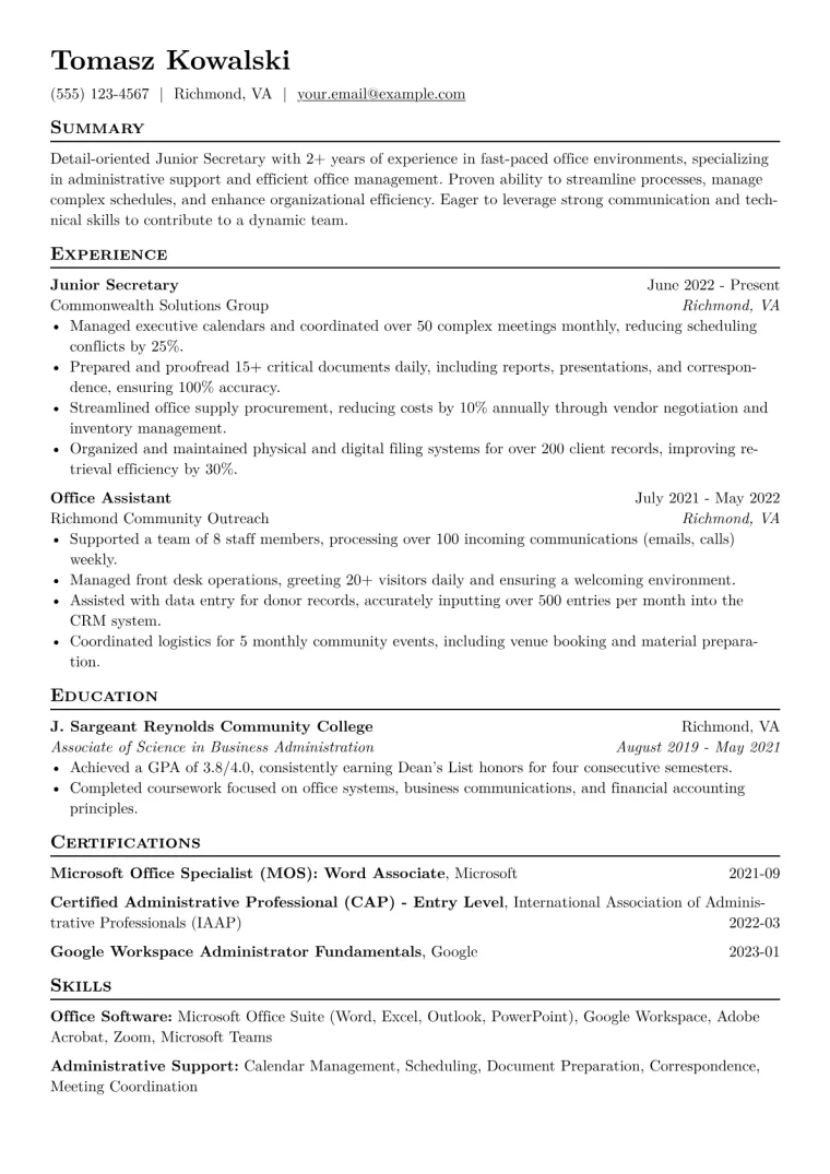 Junior Secretary Resume Example CV template preview
