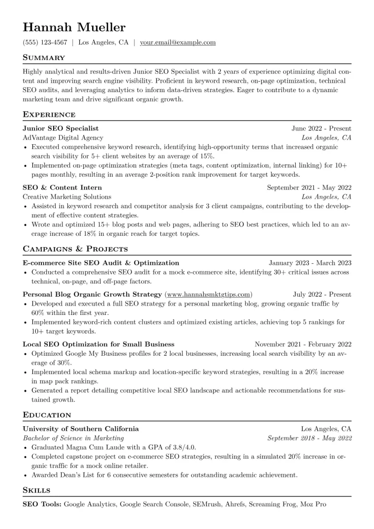 Junior SEO Specialist Resume Example CV template preview