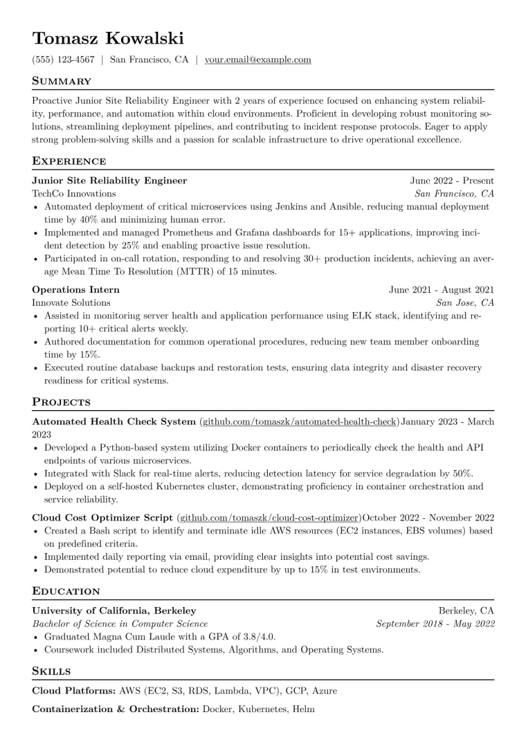 Junior Site Reliability Engineer Resume Example CV template preview