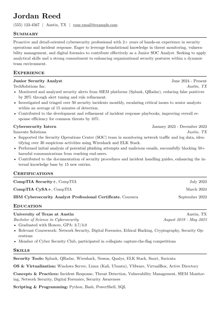 Junior SOC Analyst Resume Example preview