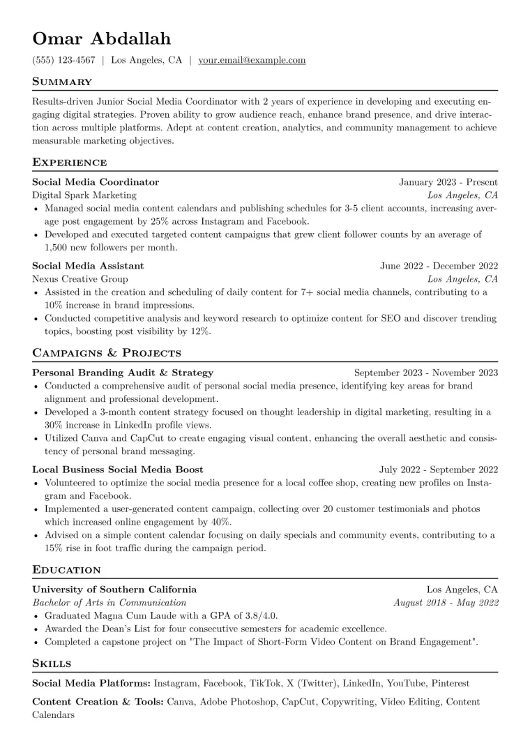 Junior Social Media Coordinator Resume Example CV template preview