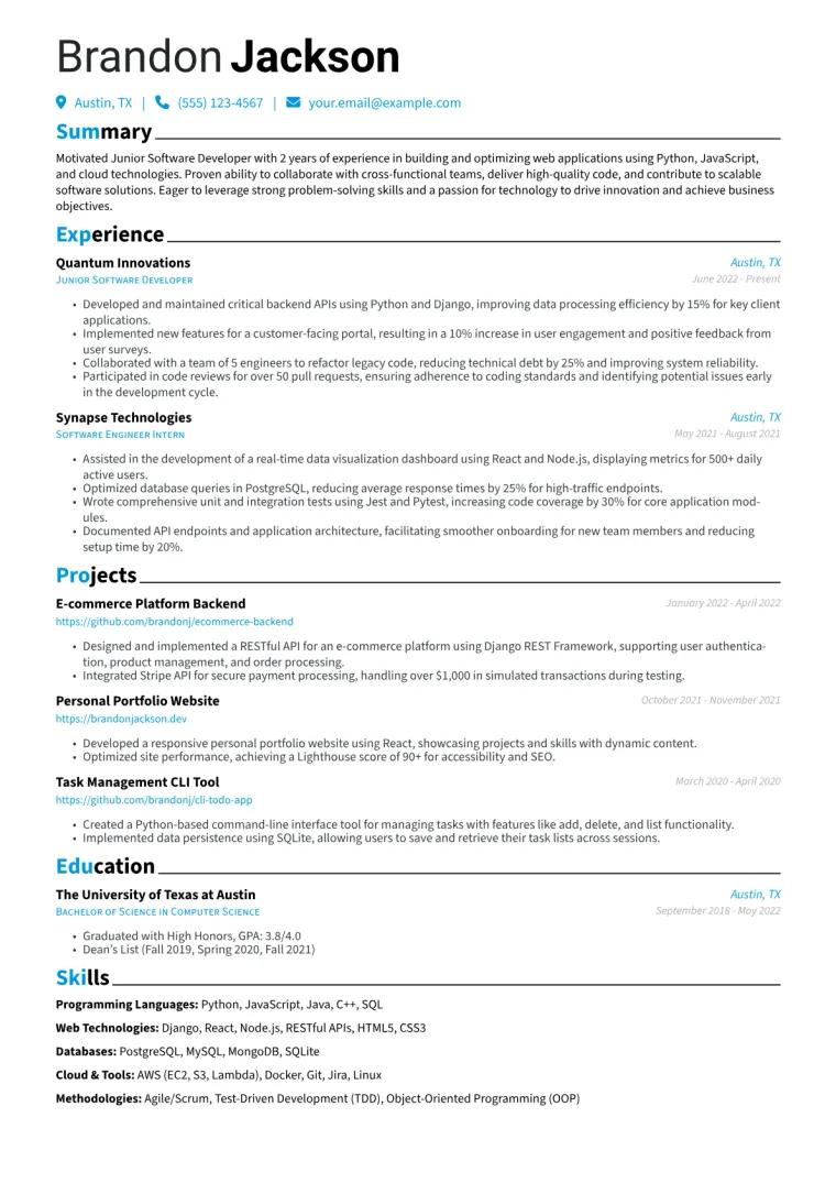 Junior Software Developer Resume Example CV template preview