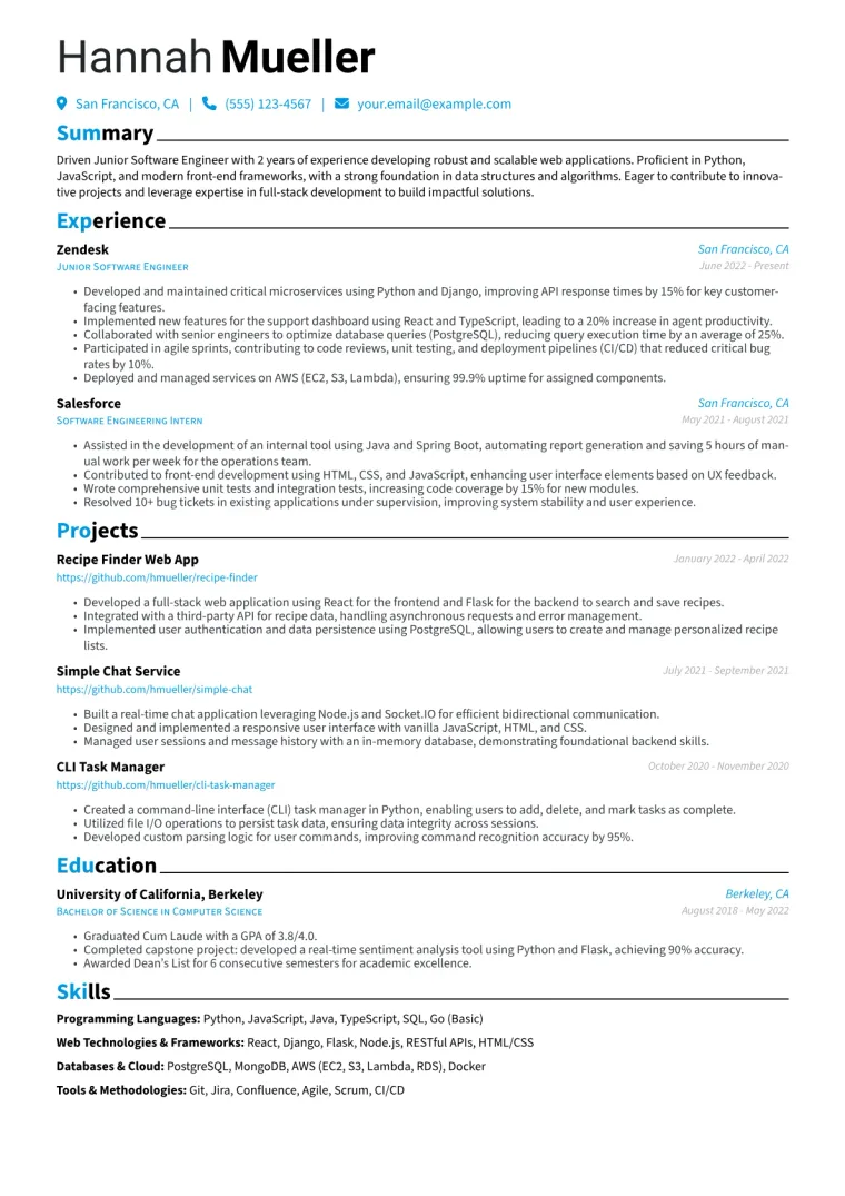 Junior Software Engineer Resume Example CV template preview