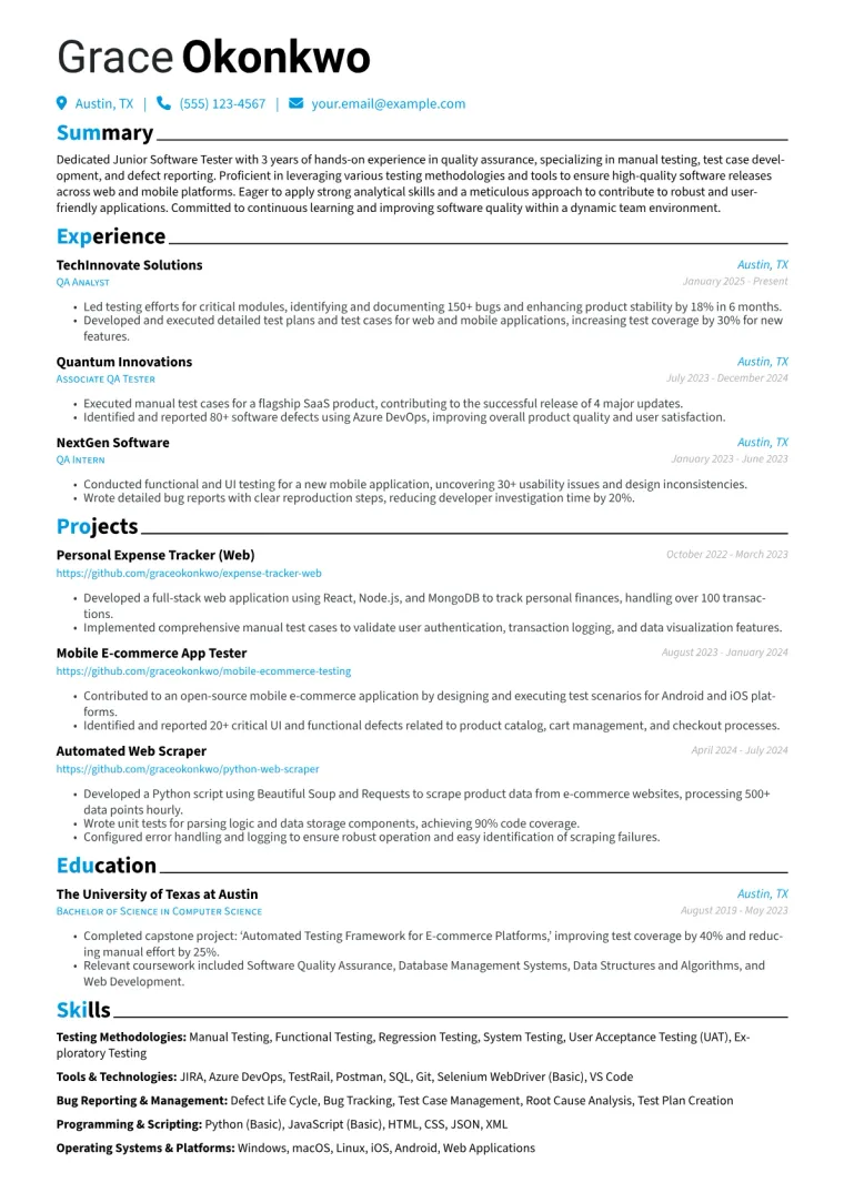 Junior Software Tester Resume Example CV template preview