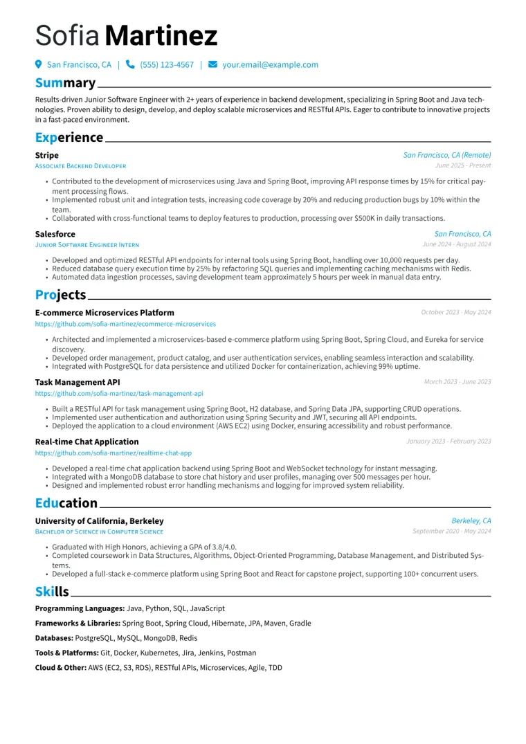 Junior Spring Boot Developer Resume Example preview