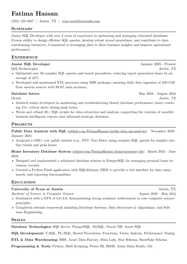 Junior SQL Developer Resume Example CV template preview