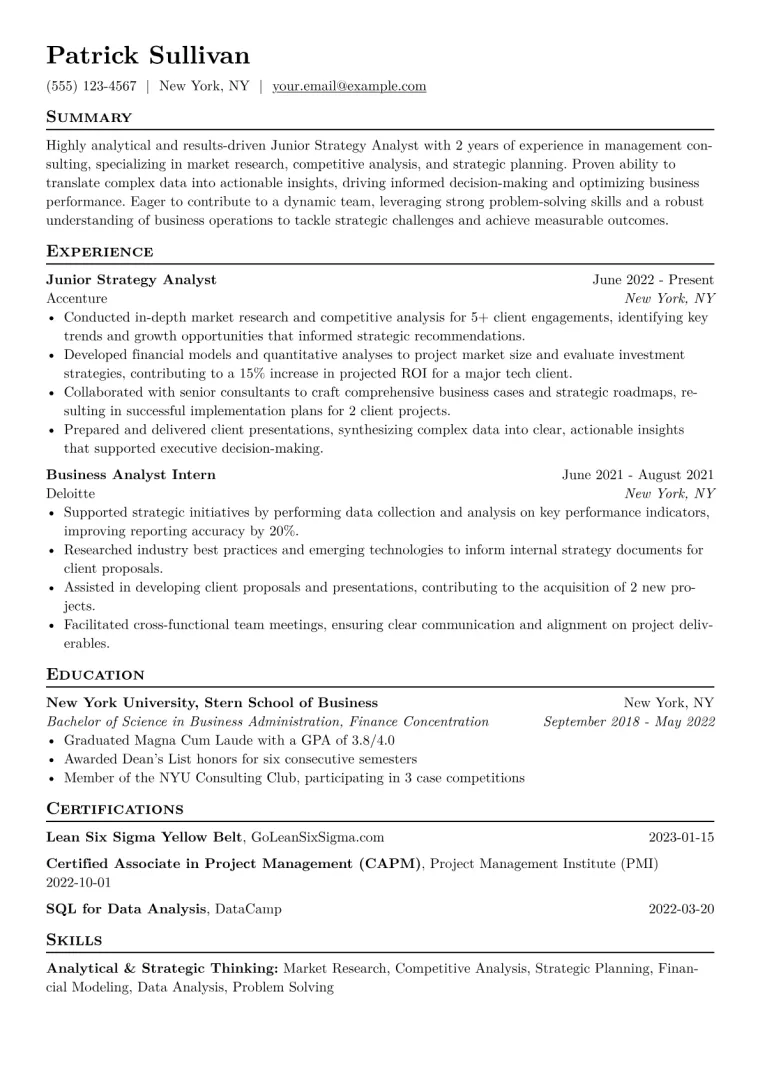 Junior Strategy Analyst Resume Example CV template preview