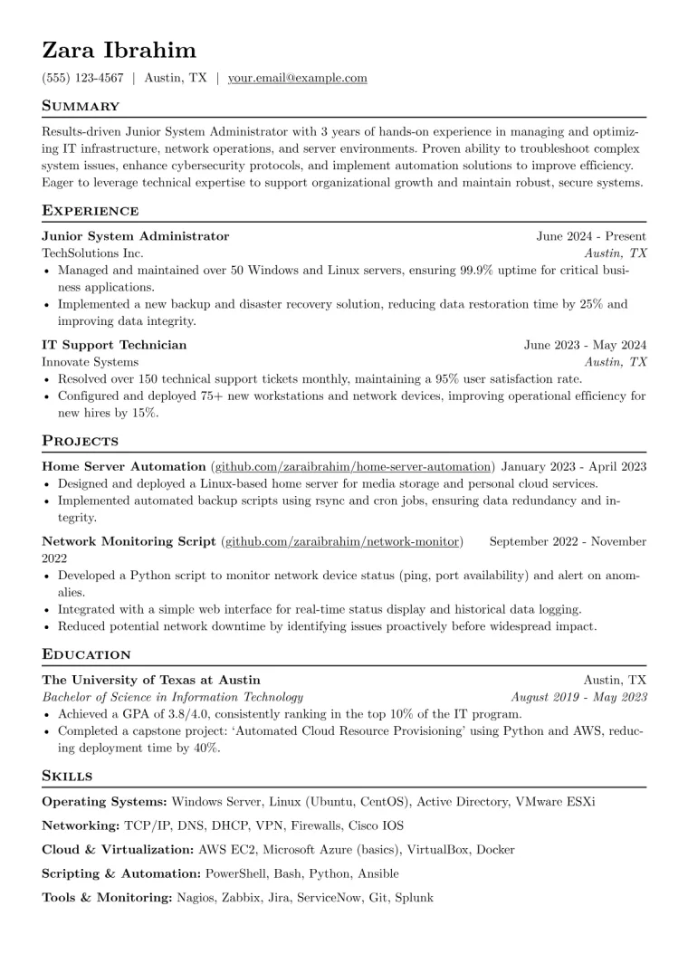 Junior System Administrator Resume Example CV template preview