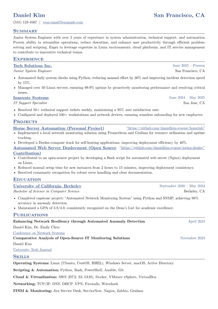 Junior System Engineer Resume Example CV template preview