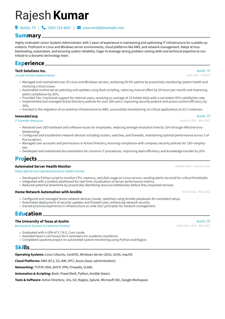 Junior Systems Administrator Resume Example CV template preview