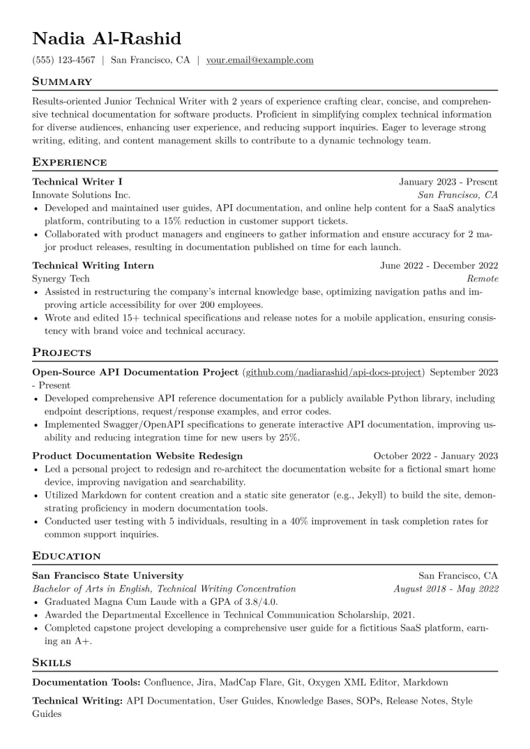 Junior Technical Writer Resume Example CV template preview