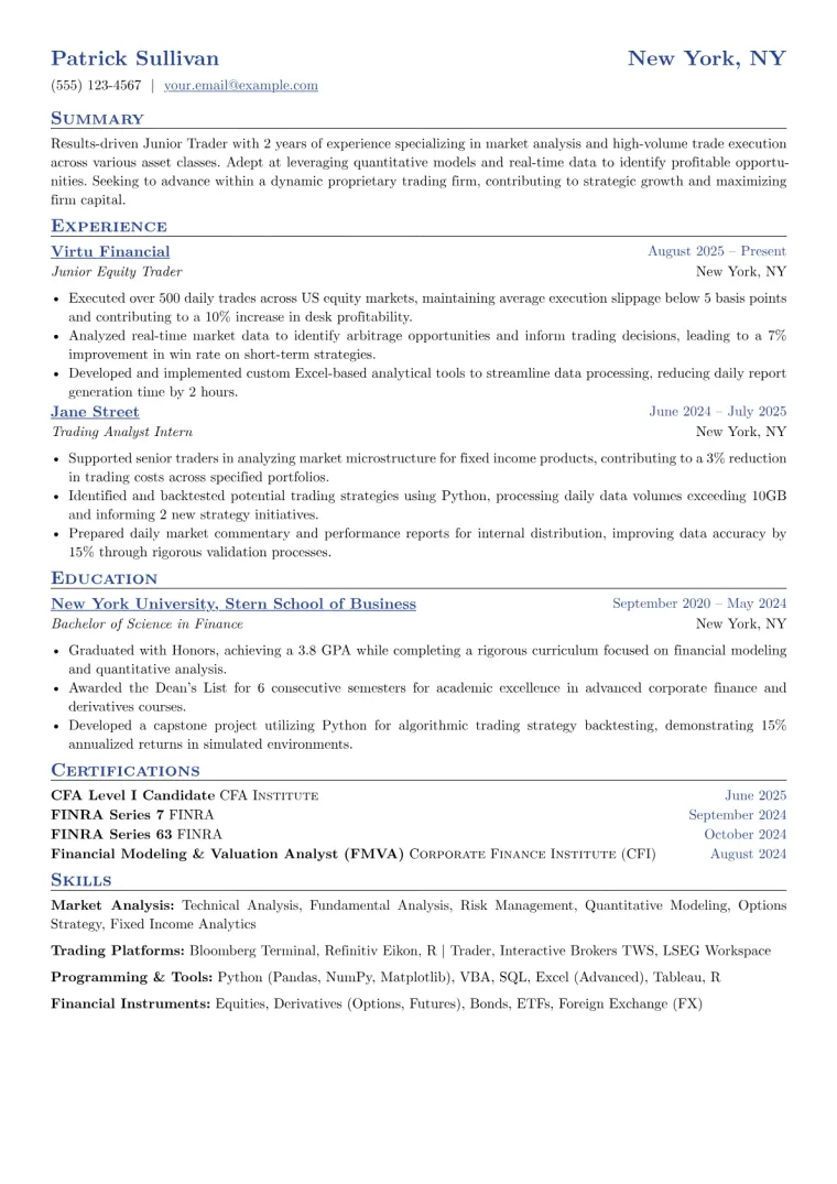 Junior Trader Resume Example preview