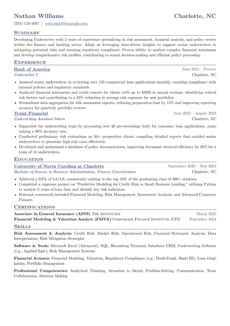 Junior Underwriter Resume Example CV template preview