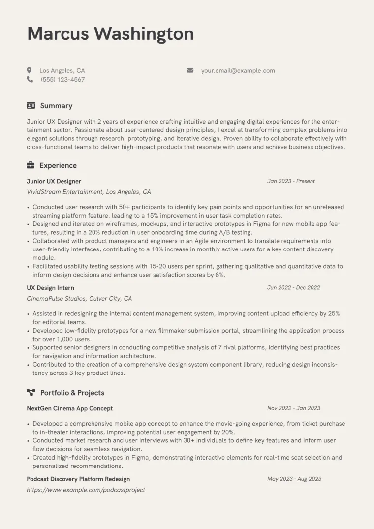 Junior UX Designer Resume Example CV template preview