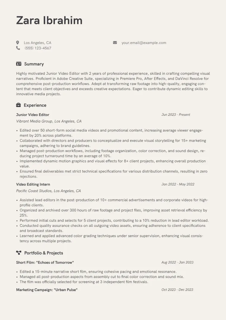 Junior Video Editor Resume Example CV template preview