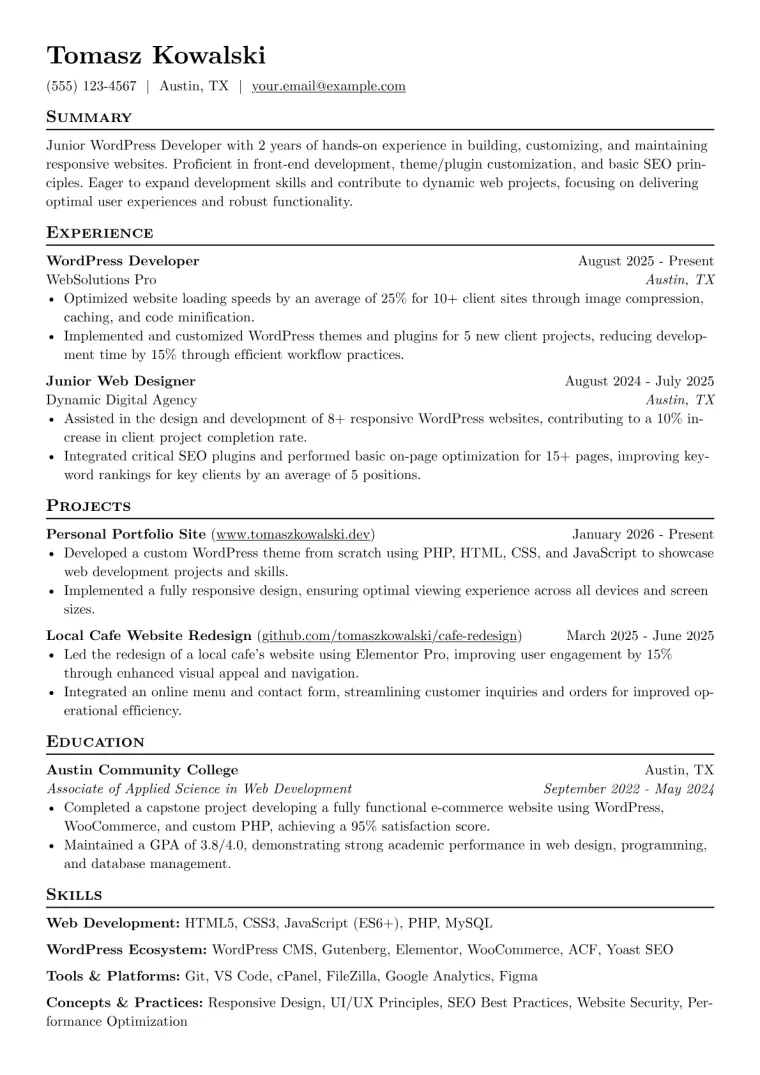 Junior WordPress Developer Resume Example CV template preview