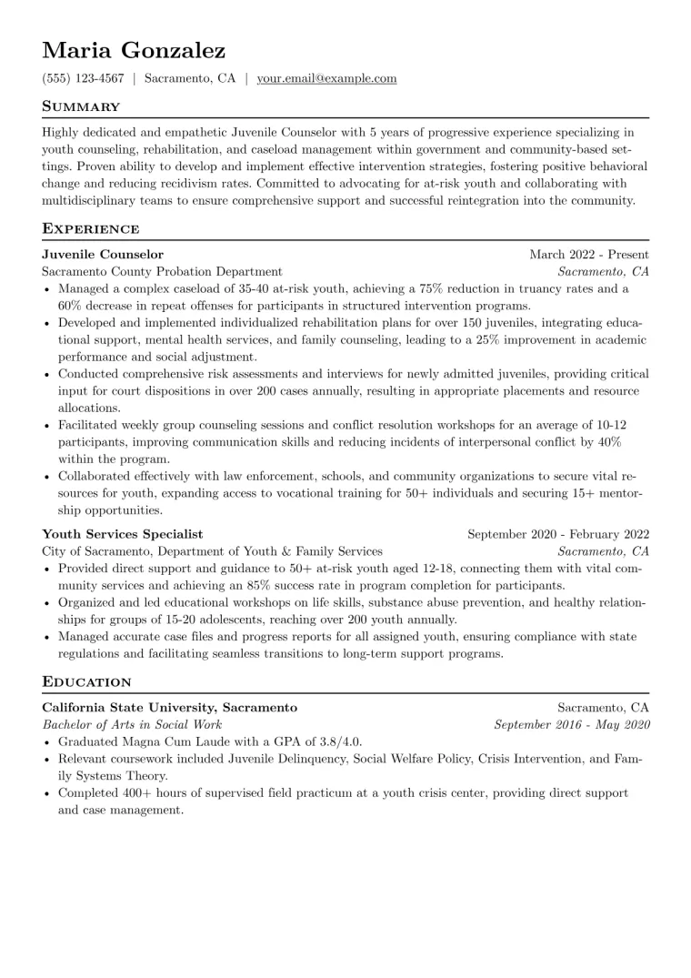 Juvenile Counselor Resume Example CV template preview