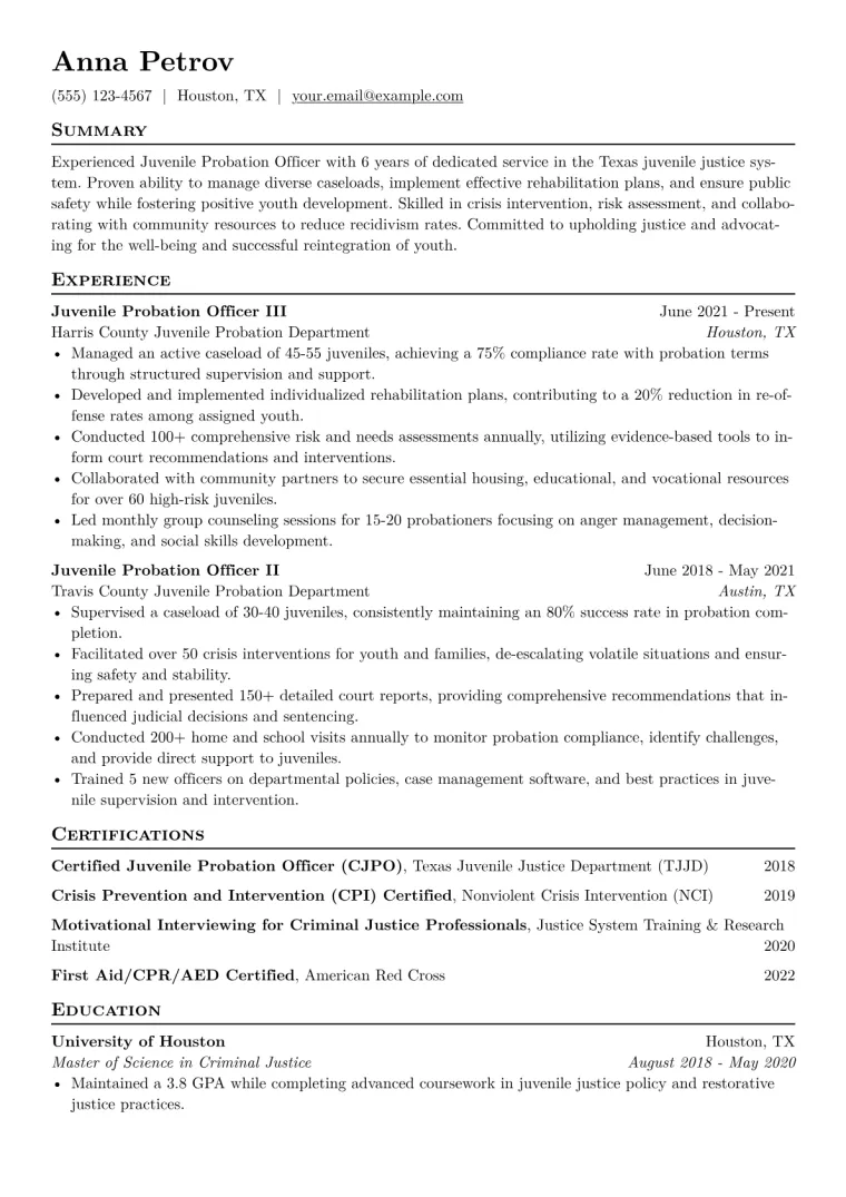 Juvenile Probation Officer Resume Example CV template preview