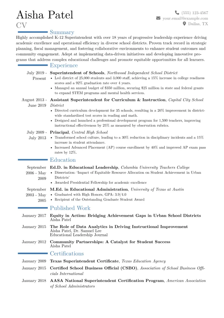 K-12 Superintendent Resume Example CV template preview