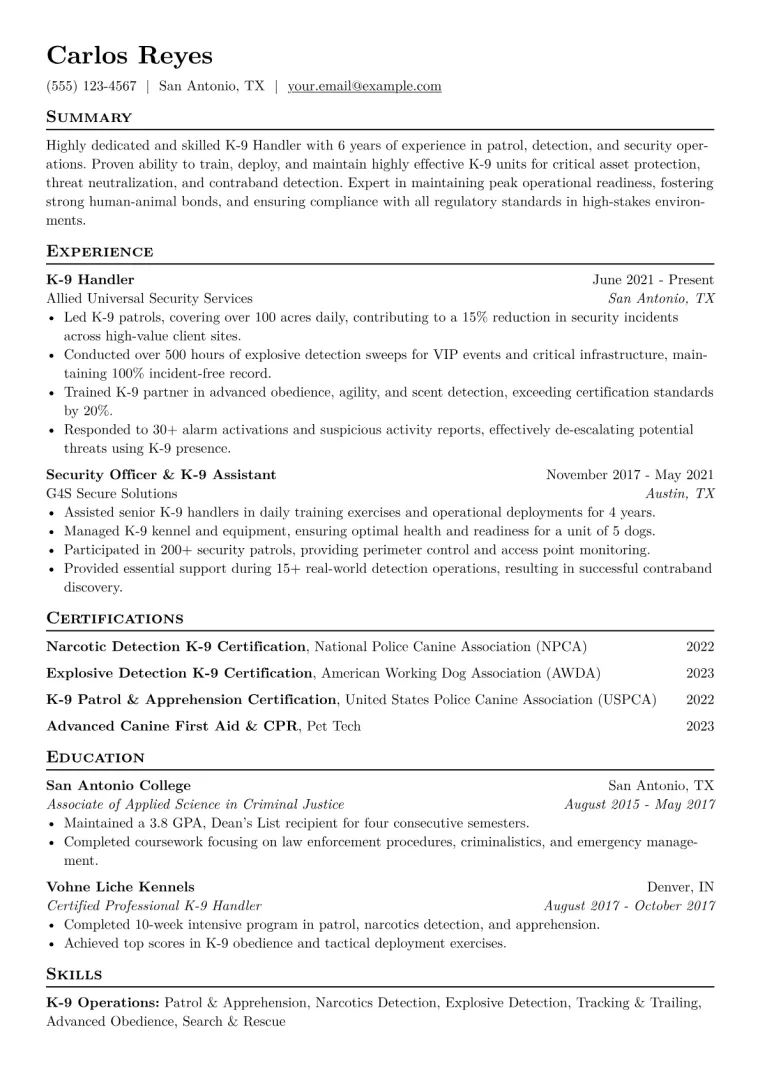 K-9 Handler Resume Example CV template preview