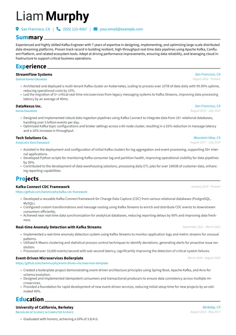 Kafka Engineer Resume Example CV template preview