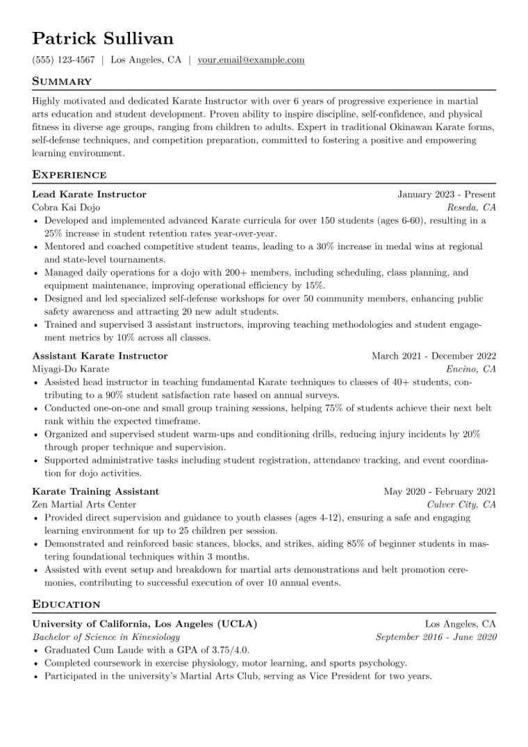 Karate Instructor Resume Example preview