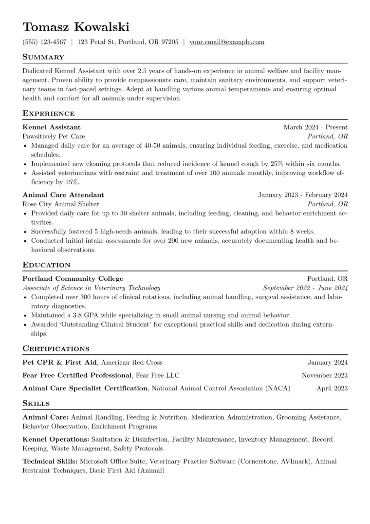 Kennel Assistant Resume Example CV template preview