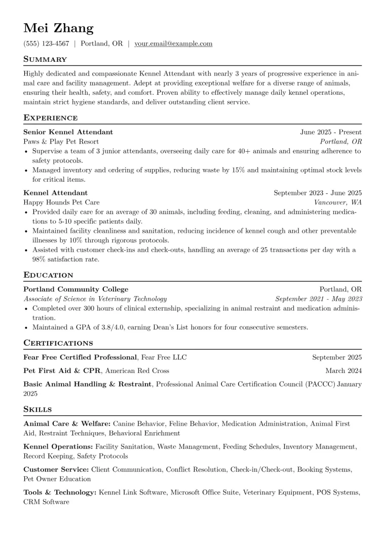 Kennel Attendant Resume Example CV template preview