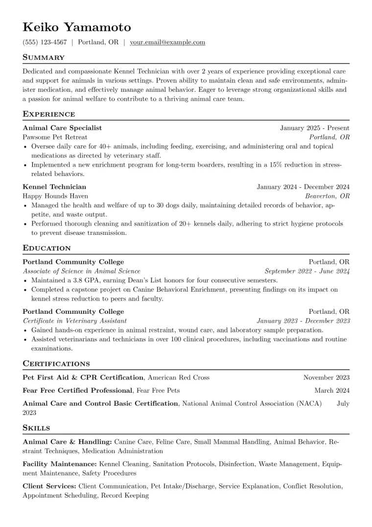 Kennel Technician Resume Example CV template preview
