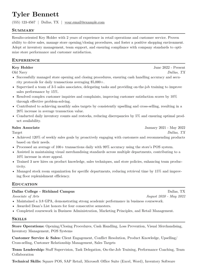 Key Holder Resume Example CV template preview