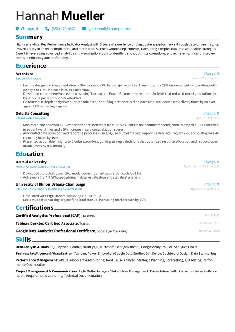 Key Performance Indicator Analyst Resume Example CV template preview