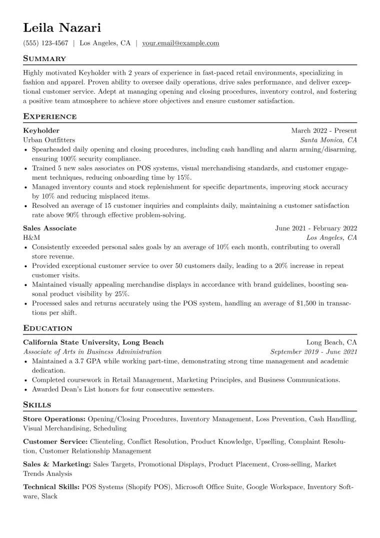Keyholder Resume Example CV template preview