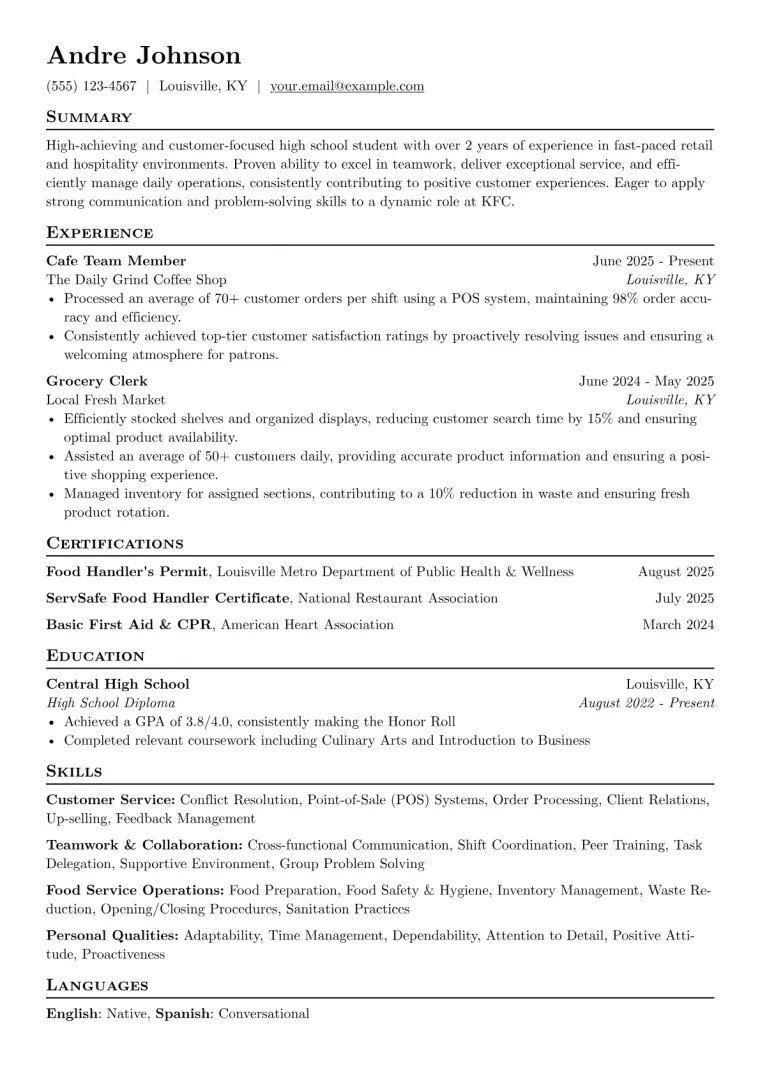 KFC Resume Example preview