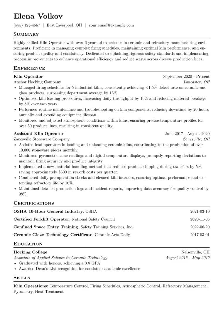 Kiln Operator Resume Example CV template preview