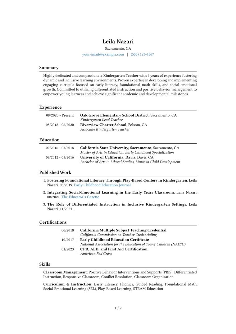 Kindergarten Teacher Resume Example CV template preview