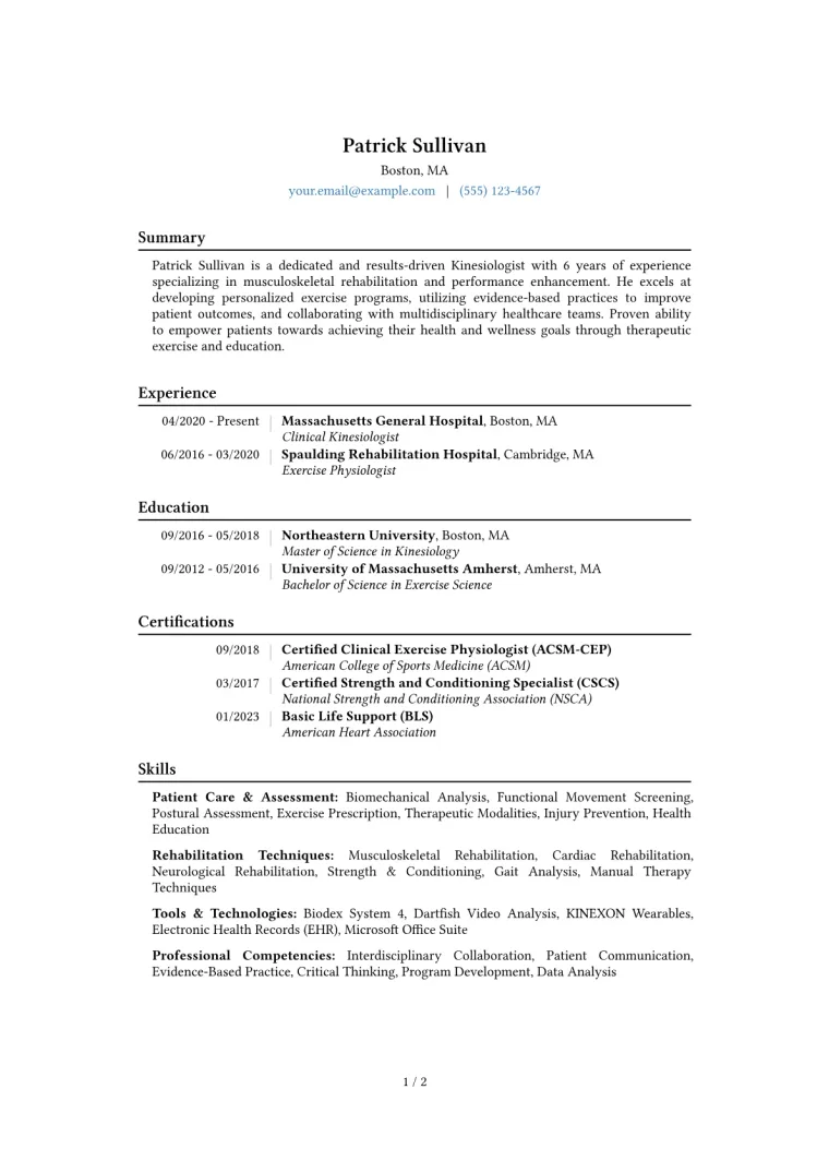 Kinesiologist Resume Example CV template preview