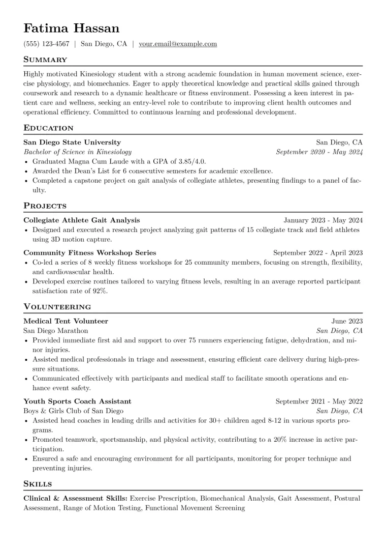 Kinesiology Student Resume Example CV template preview