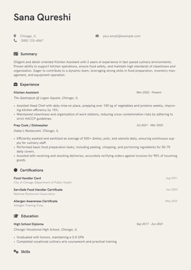 Kitchen Assistant Resume Example CV template preview