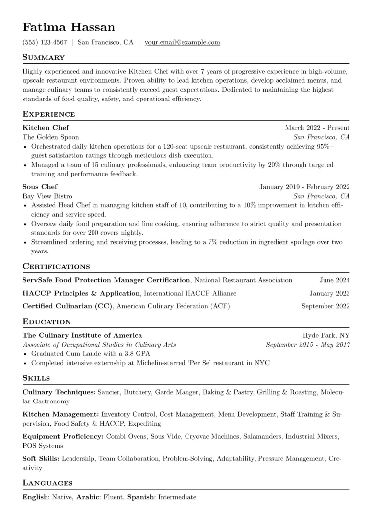 Kitchen Chef Resume Example CV template preview