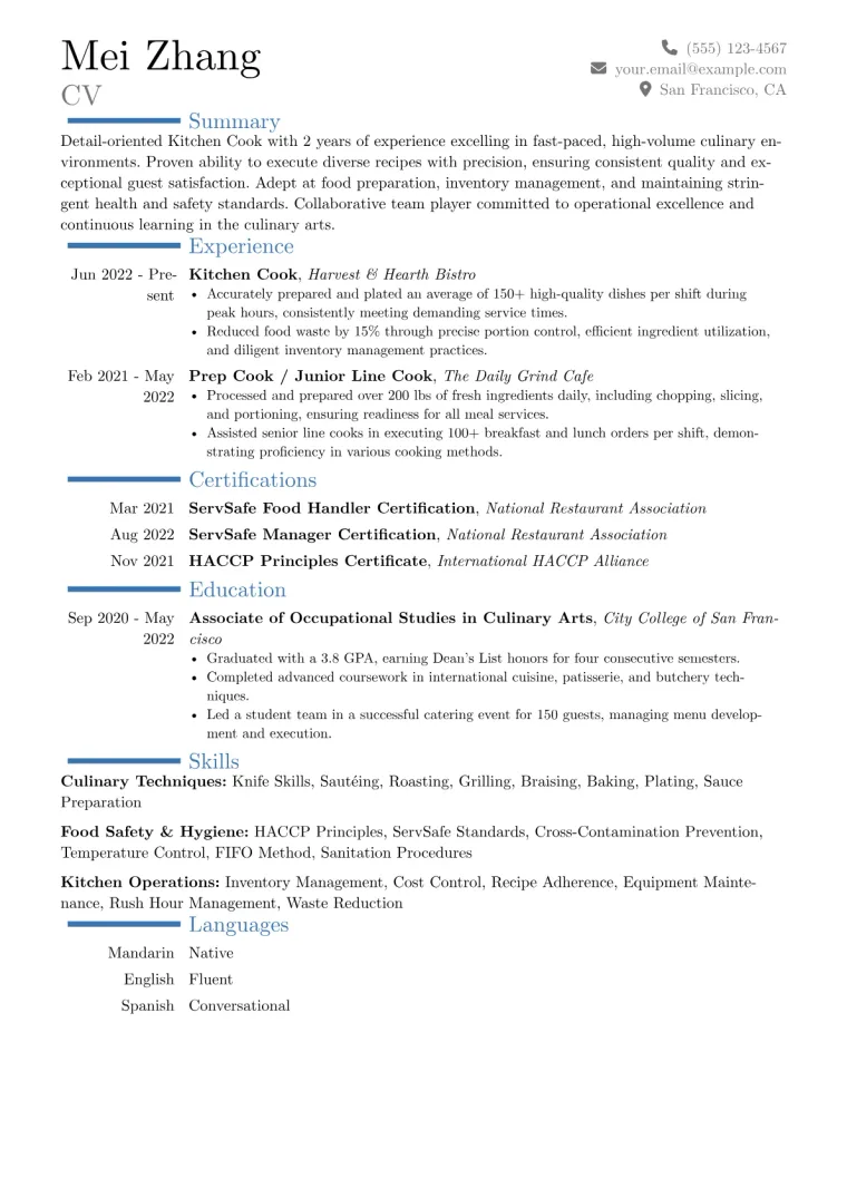 Kitchen Cook Resume Example CV template preview