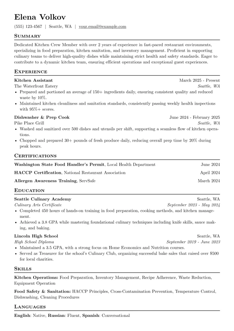 Kitchen Crew Member Resume Example CV template preview