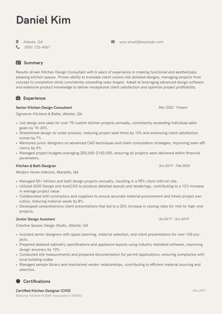 Kitchen Design Consultant Resume Example CV template preview