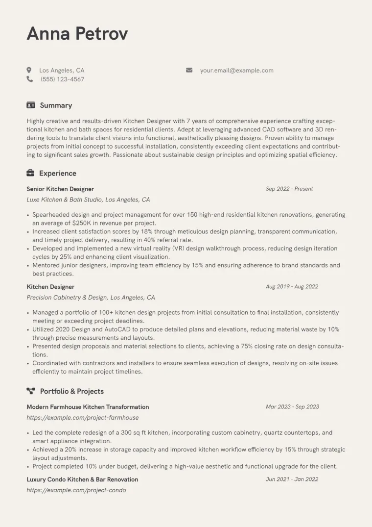 Kitchen Designer Resume Example CV template preview