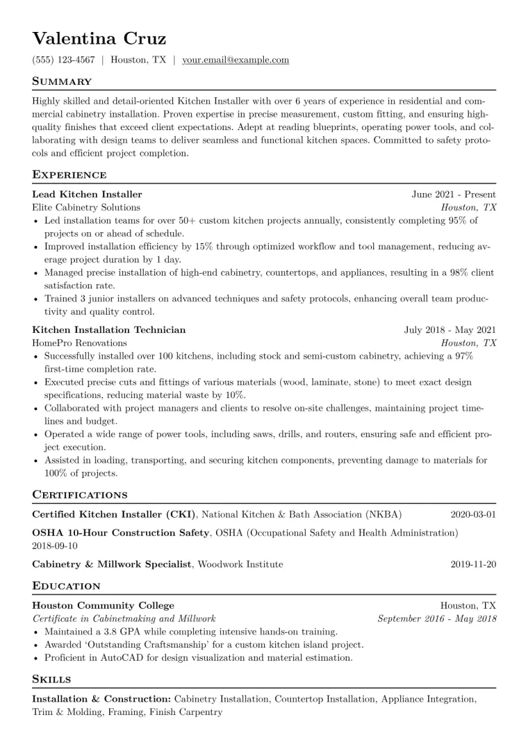 Kitchen Installer Resume Example CV template preview